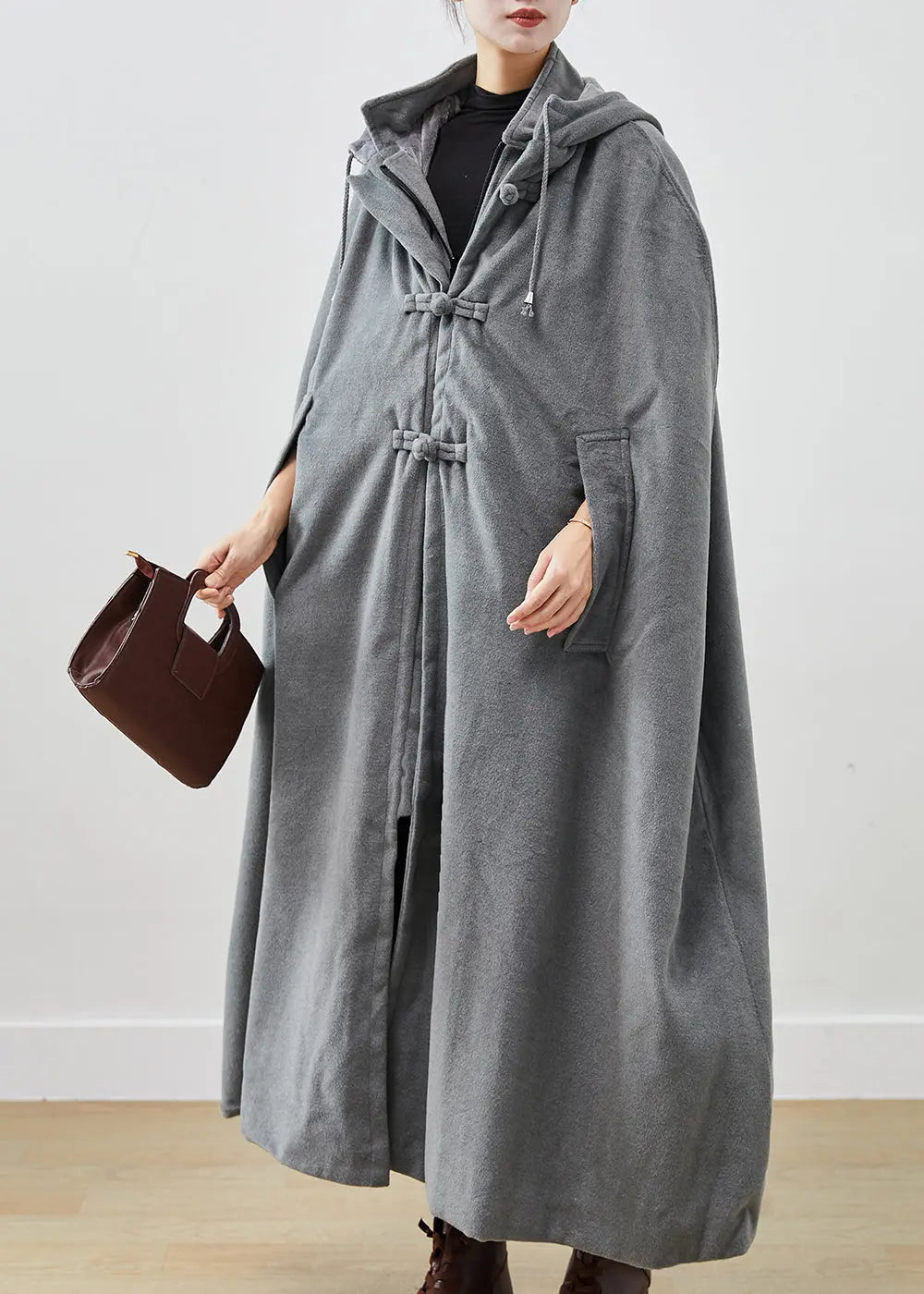 Handmade Grey Oversized Lengthen Warm Fleece Hooded Coat Cloak Sleeves Ada Fashion