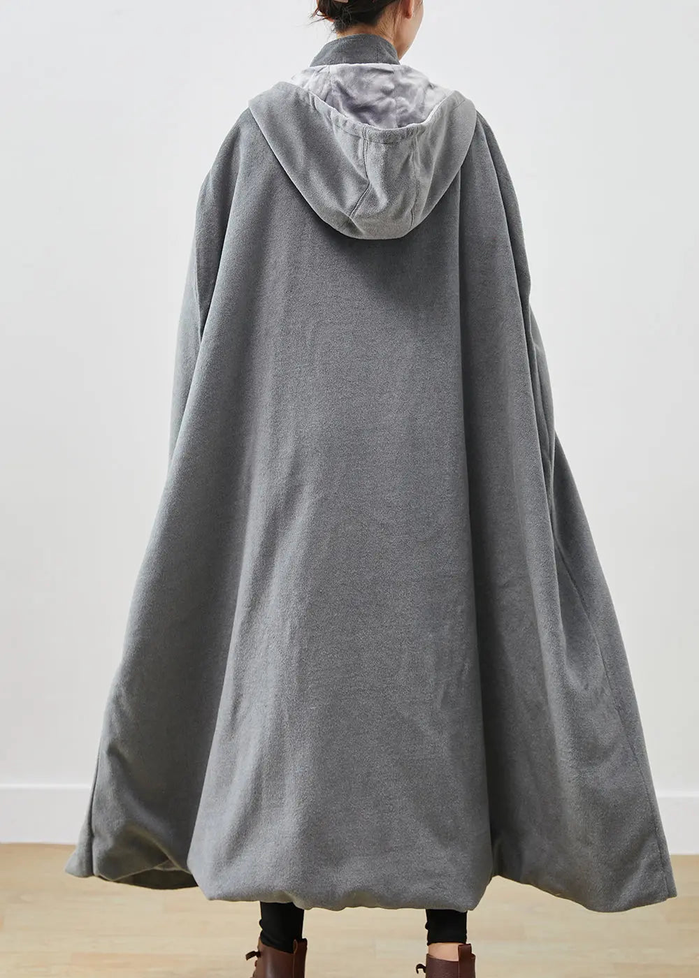 Handmade Grey Oversized Lengthen Warm Fleece Hooded Coat Cloak Sleeves Ada Fashion