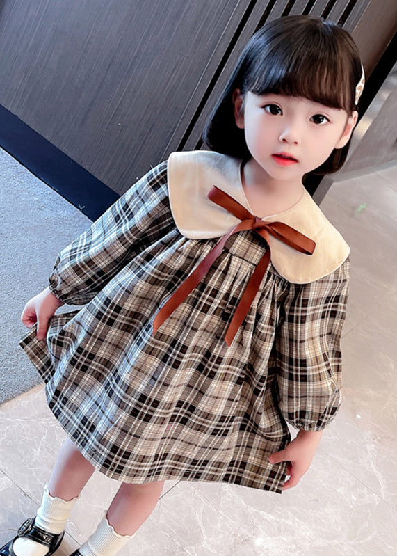 Handmade Khaki Plaid Bow Detachable Girls Mid Dresses Long Sleeve SS1050