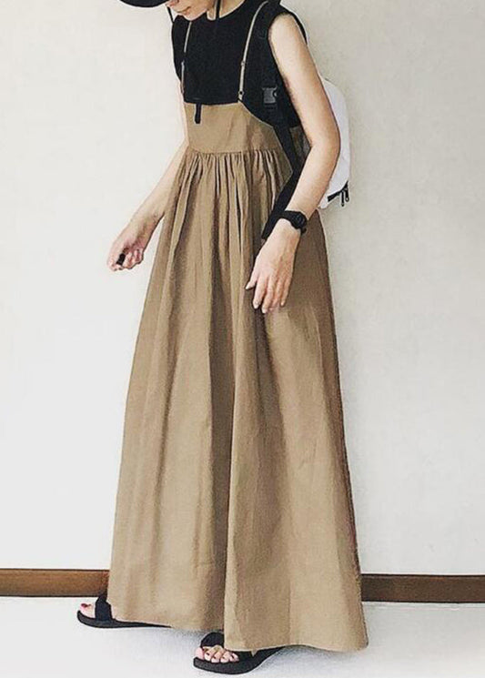 Spaghetti Strap Long Dress Wrinkled Khaki Handmade Patchwork