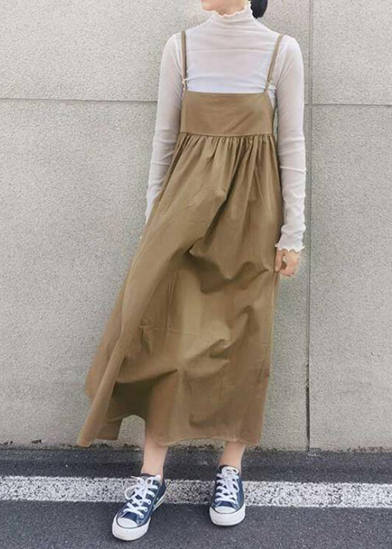 Spaghetti Strap Long Dress Wrinkled Khaki Handmade Patchwork