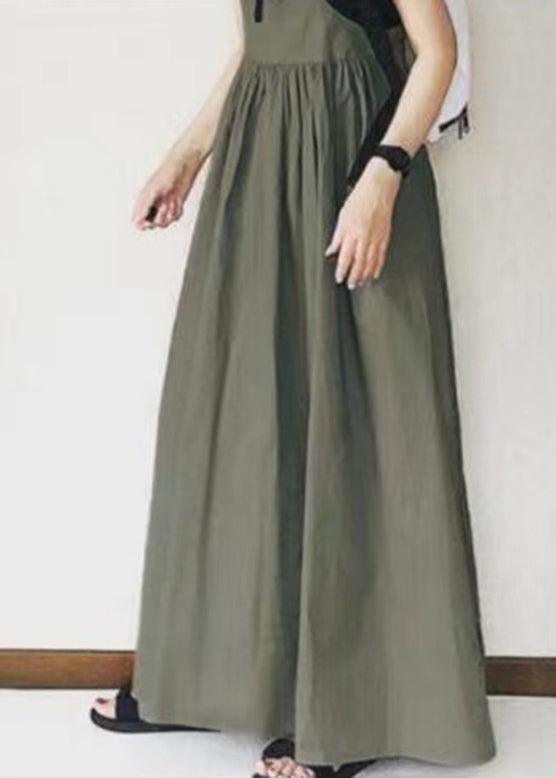 Khaki Spaghetti Wrinkled Patchwork Handmade Long Dress Strap