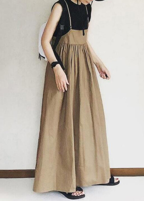 Khaki Spaghetti Wrinkled Patchwork Handmade Long Dress Strap