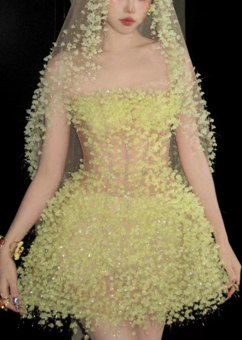 Handmade Mid Light Dress High Strapless Waist Tulle Yellow