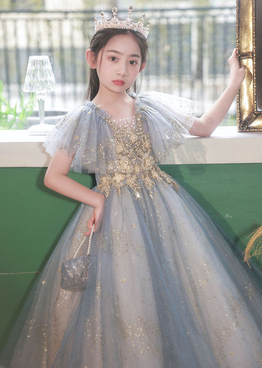 Handmade Little Grey V Neck Sequins Patchwork Tulle Girls Maxi Dress Summer QV019