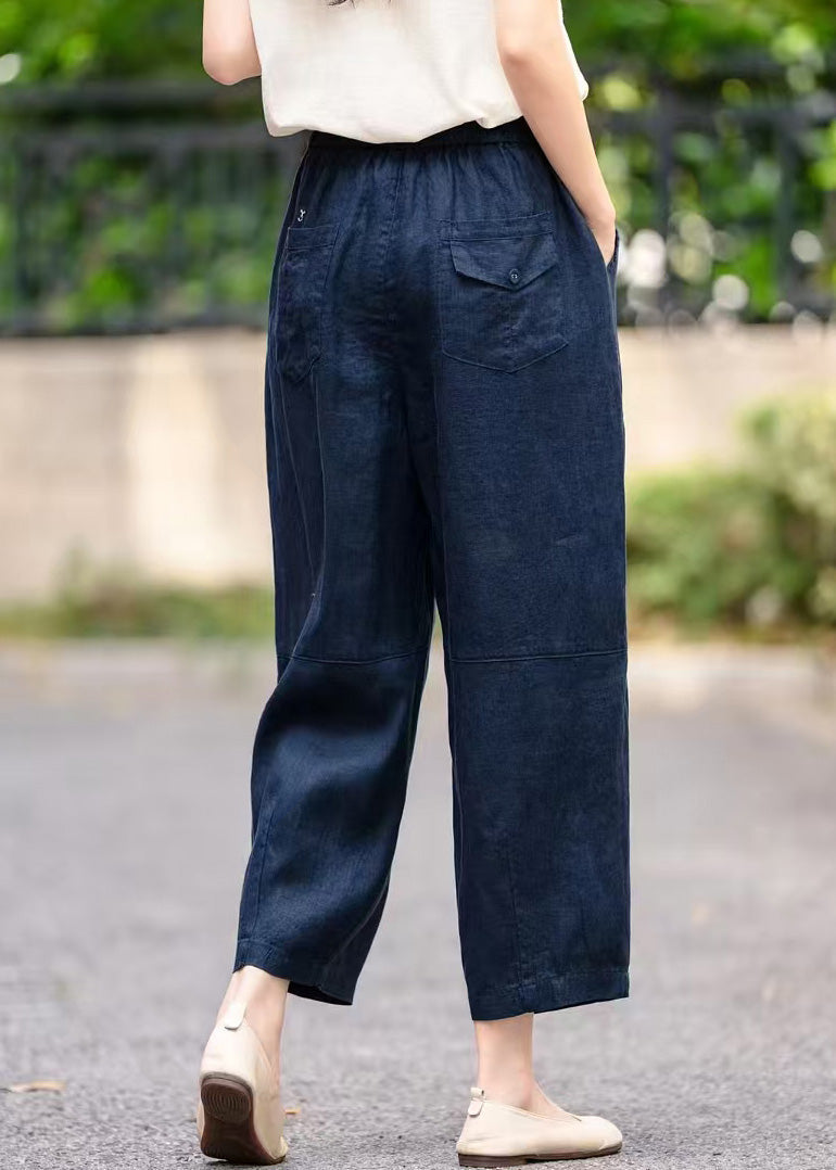 Pockets Handmade Pants Linen Elastic Navy Waist Summer Crop