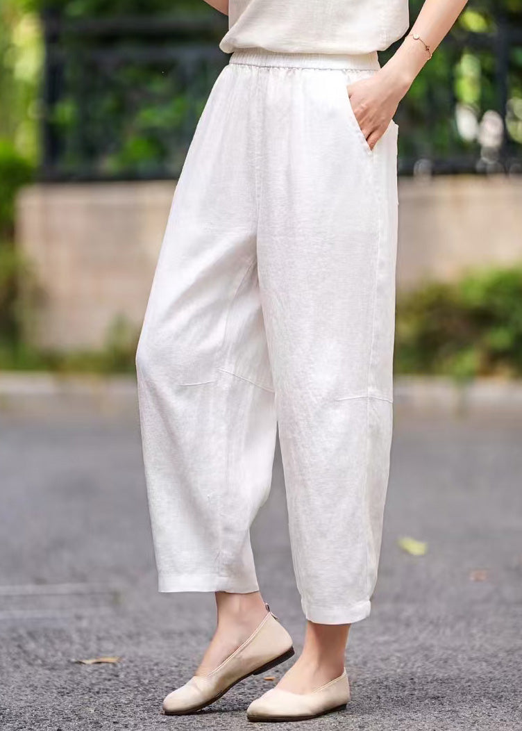 Pockets Handmade Pants Linen Elastic Navy Waist Summer Crop