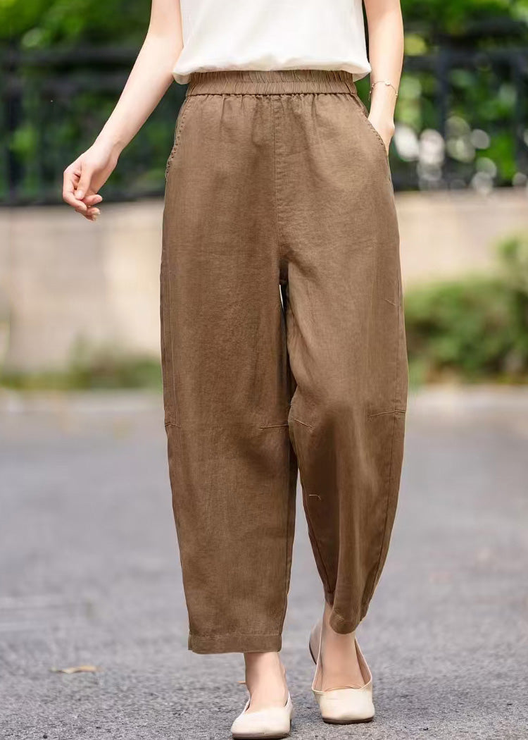 Pockets Handmade Pants Linen Elastic Navy Waist Summer Crop