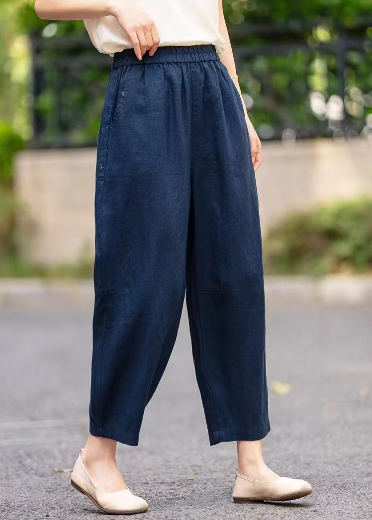 Pockets Handmade Pants Linen Elastic Navy Waist Summer Crop
