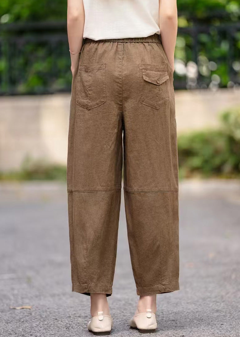 Pockets Handmade Pants Linen Elastic Navy Waist Summer Crop