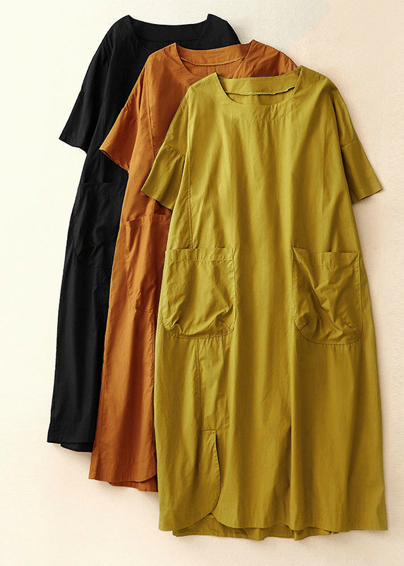 Handmade Orange O Neck Pockets Patchwork Cotton Dresses Summer AM1058