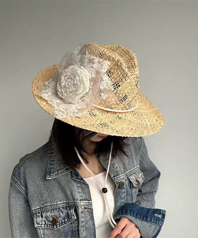 Straw Cowboy Hat Lace Woven Handmade Out Hollow Flower Original