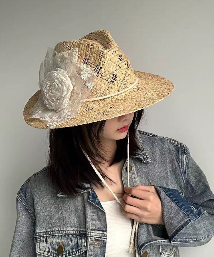 Straw Cowboy Hat Lace Woven Handmade Out Hollow Flower Original