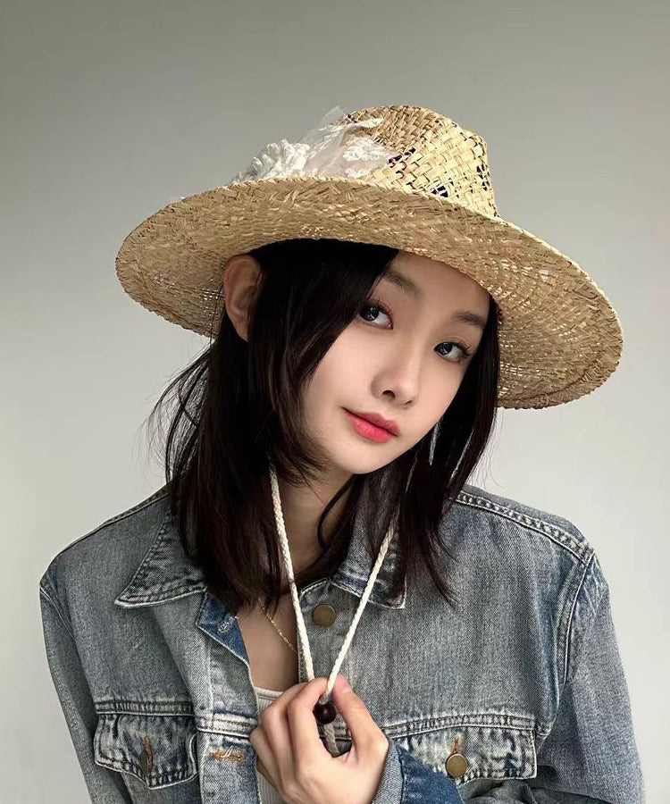 Straw Cowboy Hat Lace Woven Handmade Out Hollow Flower Original