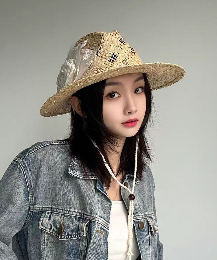 Straw Cowboy Hat Lace Woven Handmade Out Hollow Flower Original