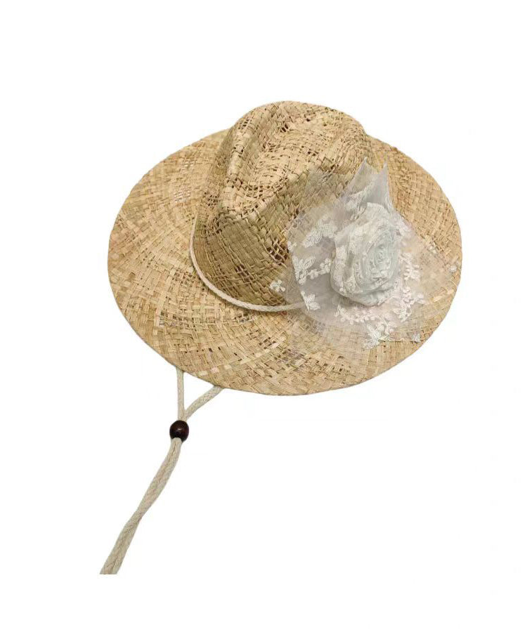 Straw Cowboy Hat Lace Woven Handmade Out Hollow Flower Original