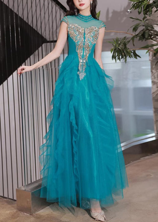 Nail Summer Dress Party Bead Ruffled Peacock Blue Tulle Handmade