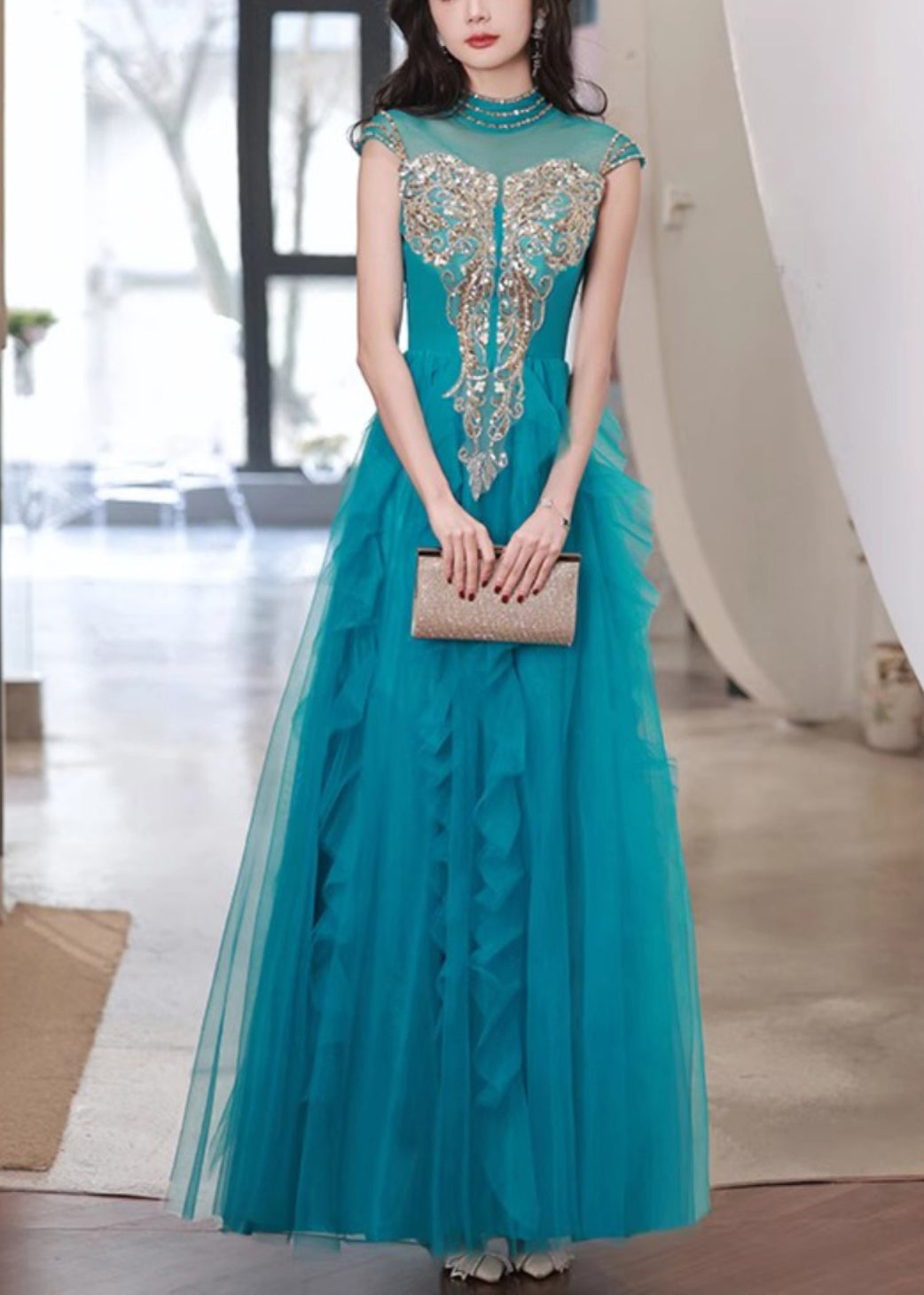 Nail Summer Dress Party Bead Ruffled Peacock Blue Tulle Handmade