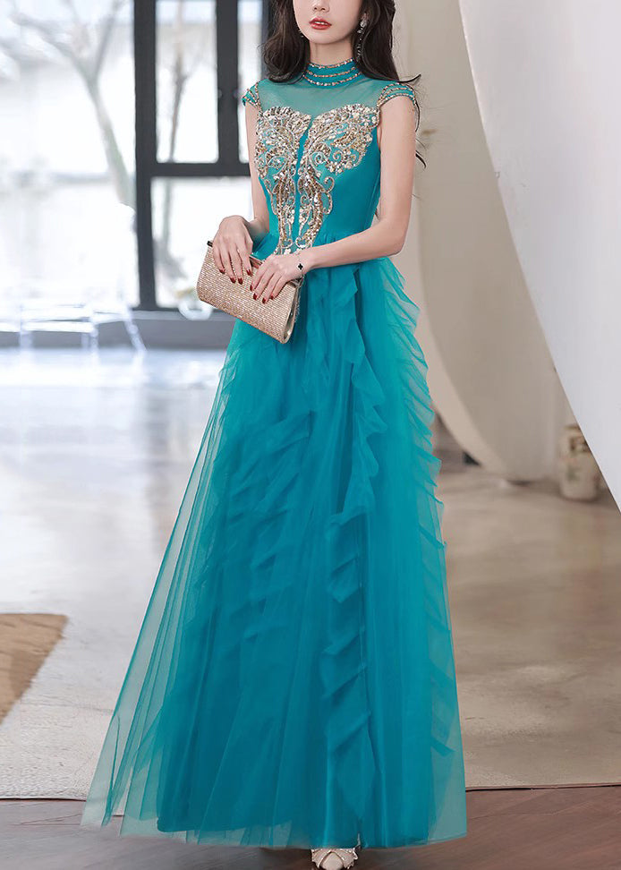 Nail Summer Dress Party Bead Ruffled Peacock Blue Tulle Handmade