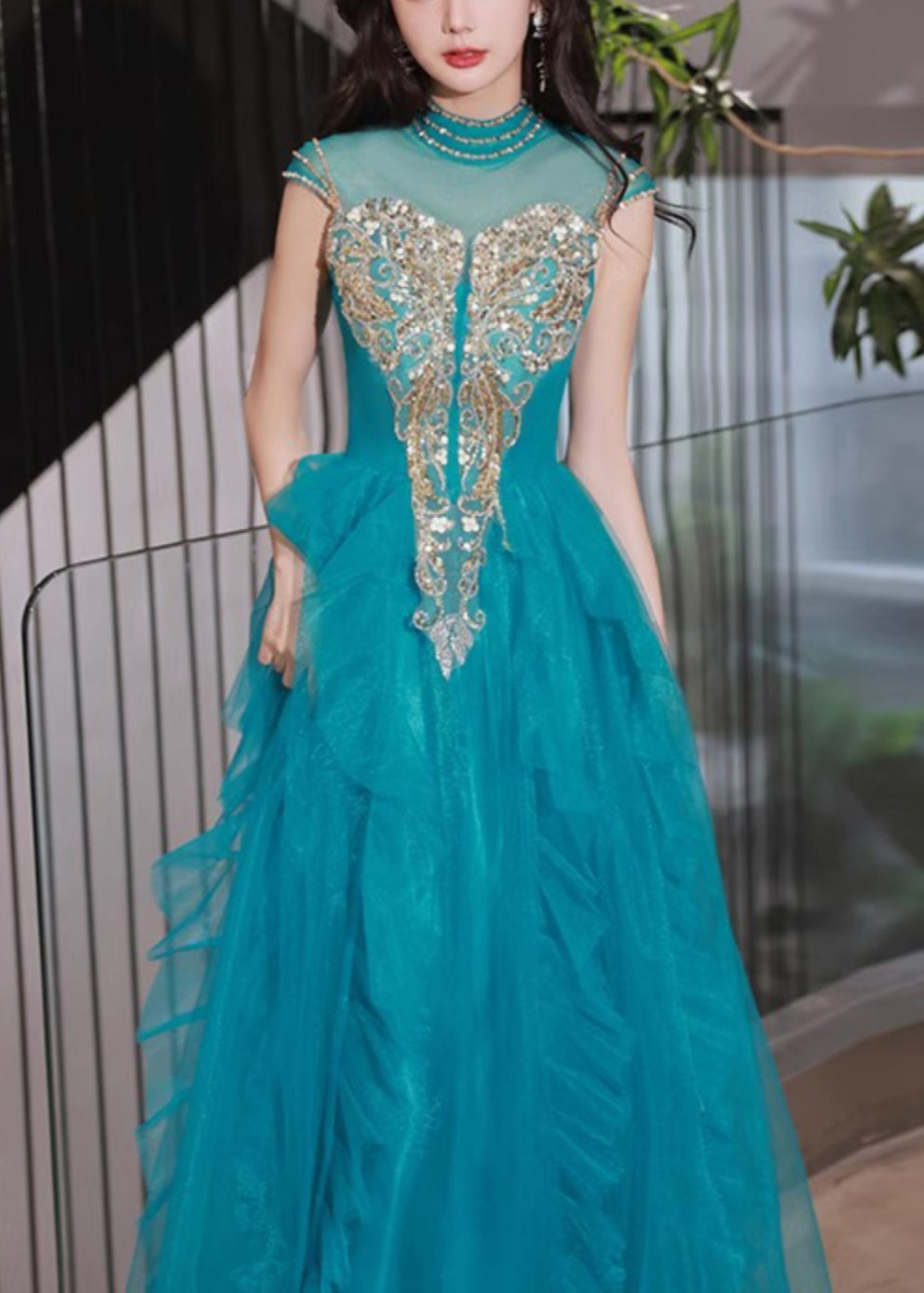 Nail Summer Dress Party Bead Ruffled Peacock Blue Tulle Handmade