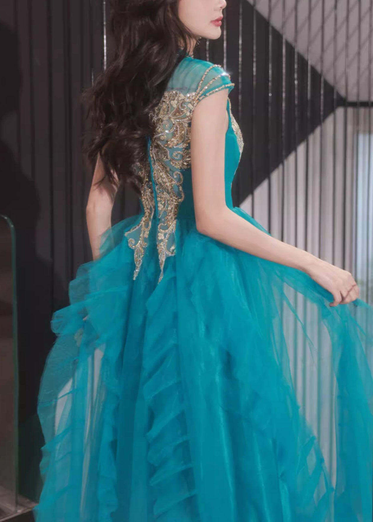 Nail Summer Dress Party Bead Ruffled Peacock Blue Tulle Handmade