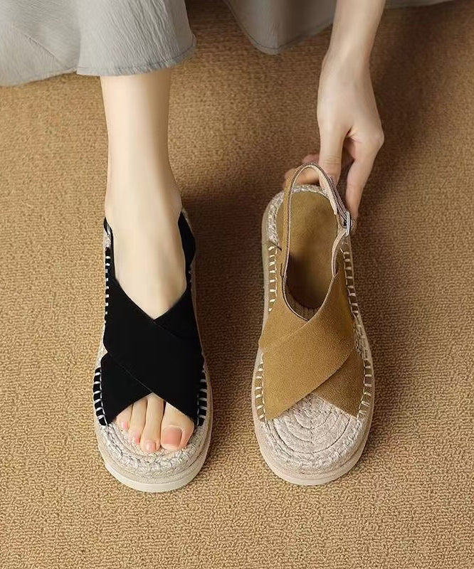 Cowhide Leather Platform Sandals Handmade Cross Strap Slide Black