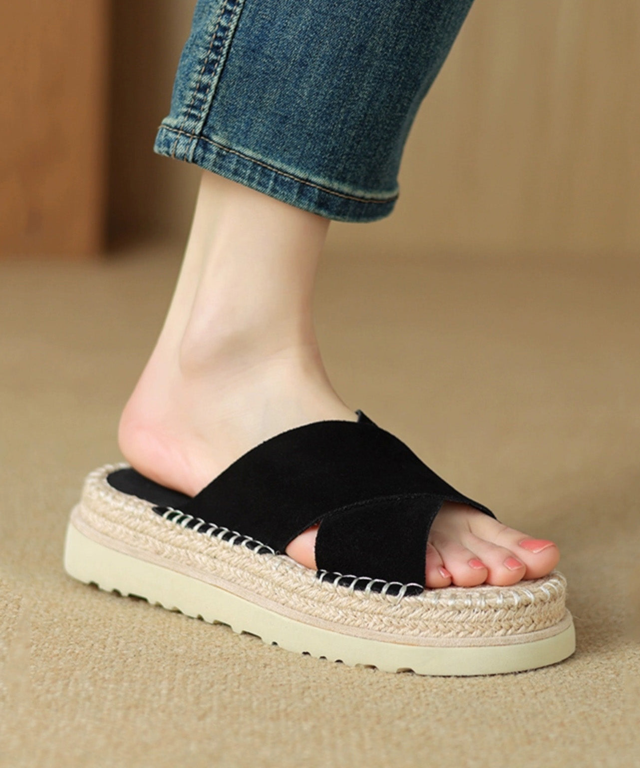 Cowhide Leather Platform Sandals Handmade Cross Strap Slide Black