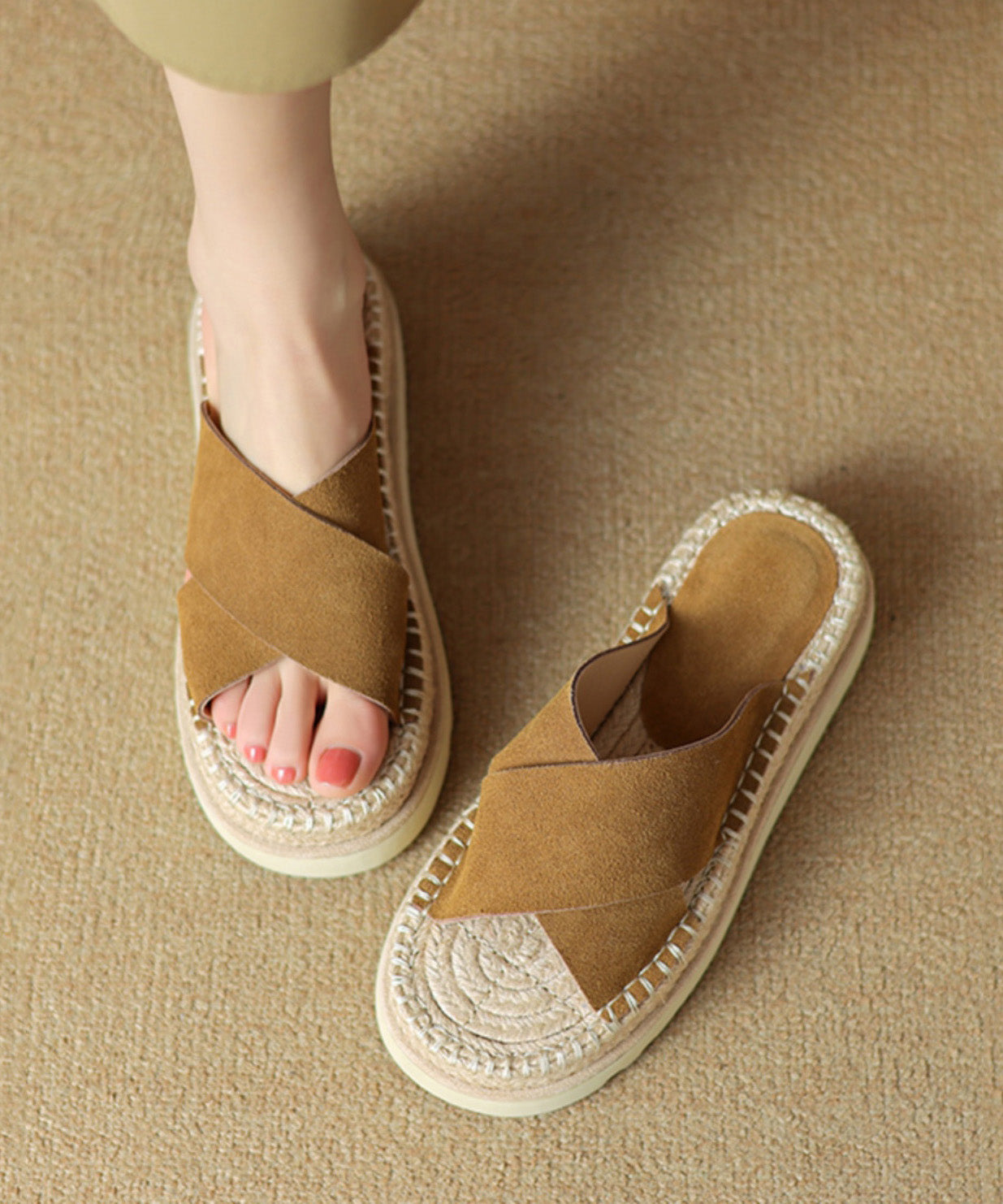 Cowhide Leather Platform Sandals Handmade Cross Strap Slide Black