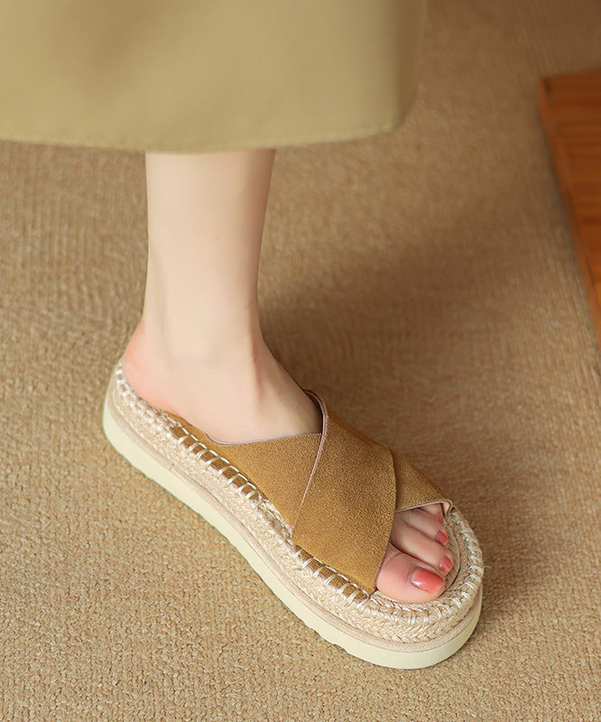 Cowhide Leather Platform Sandals Handmade Cross Strap Slide Black