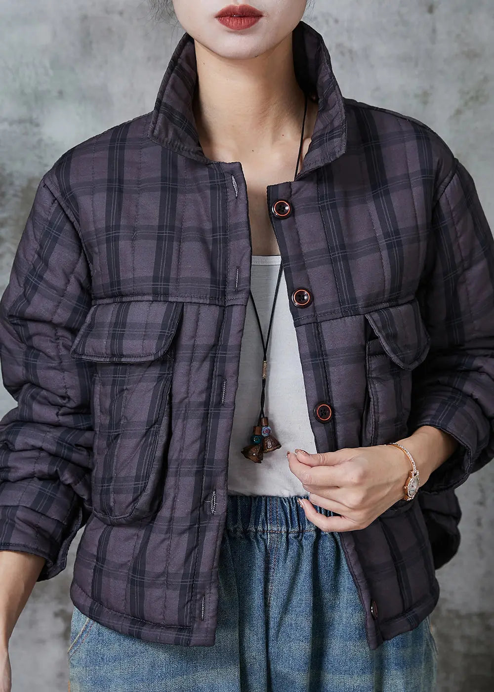 Handmade Purple Plaid Pockets Fine Cotton Filled Women Witner Coats Ada Fashion