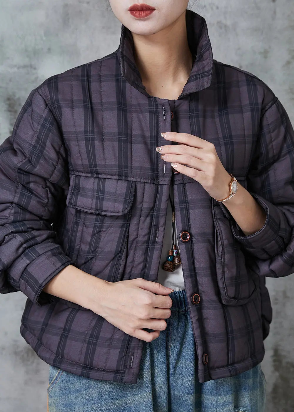 Handmade Purple Plaid Pockets Fine Cotton Filled Women Witner Coats Ada Fashion