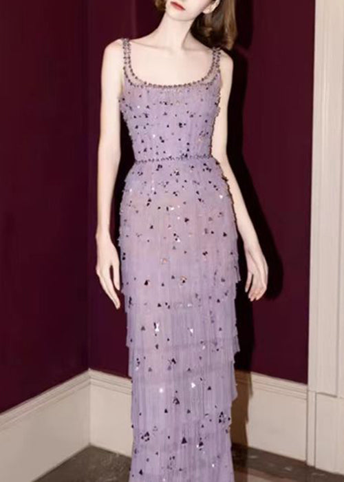 Purple Handmade Ankle Side Dress Sleeveless Tulle Wrinkled Open