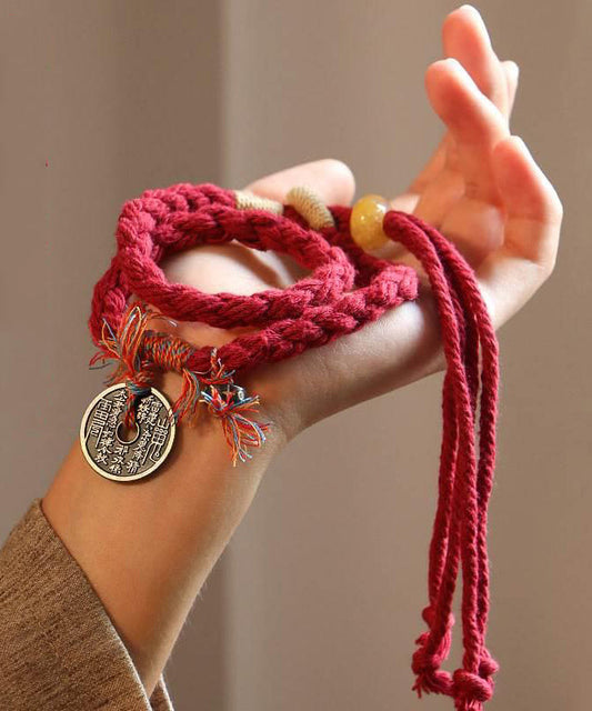 Handmade Red Handmade Weaving Copper Coins Yarn Tassel Charm Bracelet YD008