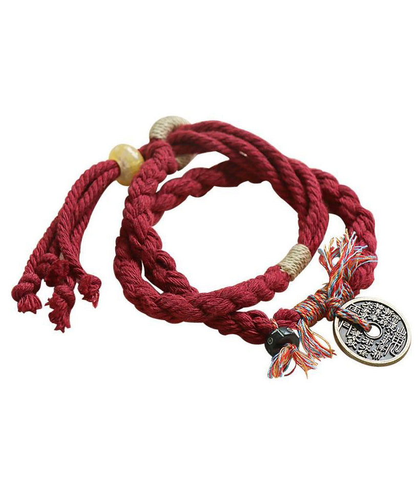 Handmade Red Handmade Weaving Copper Coins Yarn Tassel Charm Bracelet YD008