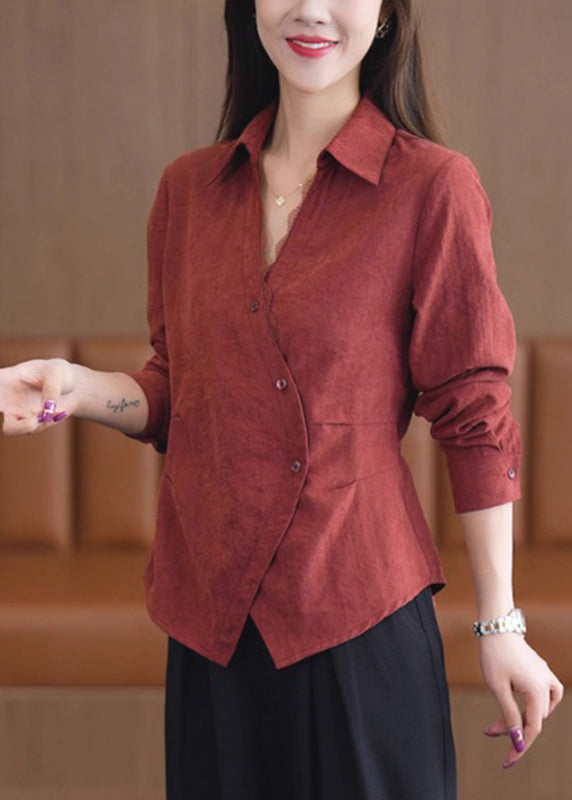 Lace Solid Patchwork Button Red Handmade Spring Shirt