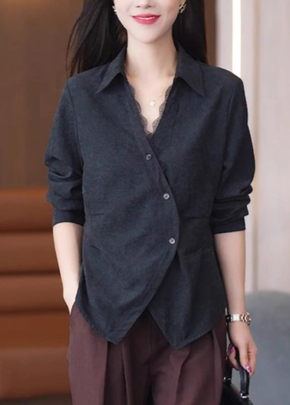 Lace Solid Patchwork Button Red Handmade Spring Shirt