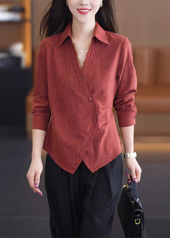 Lace Solid Patchwork Button Red Handmade Spring Shirt