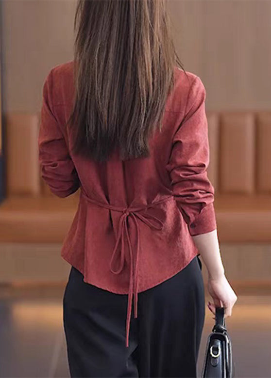 Lace Solid Patchwork Button Red Handmade Spring Shirt