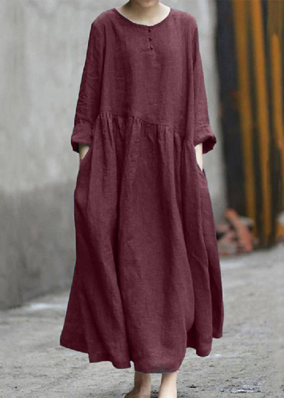 Pockets Robe O-Neck Red Dresses Handmade Fall Patchwork