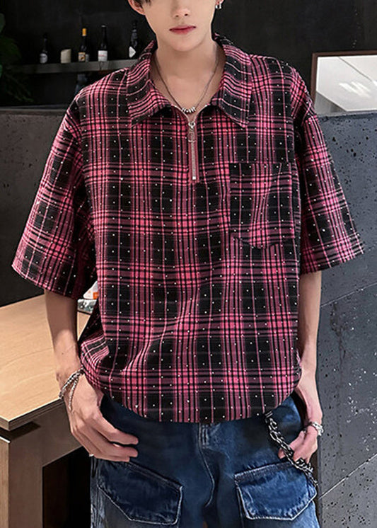 Half Plaid Zircon Men Handmade Red Shirts Zippered Sleeve Cotton