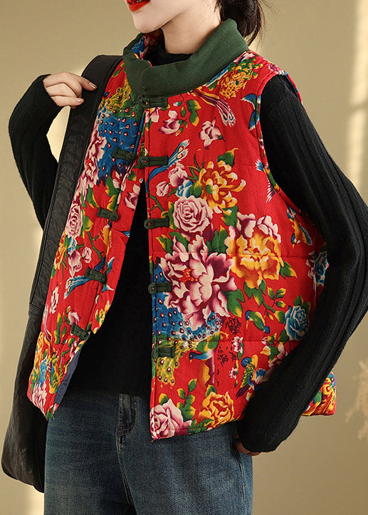 Handmade Red Stand Collar Print Chinese Button Fine Cotton Filled Vest Sleeveless TI020