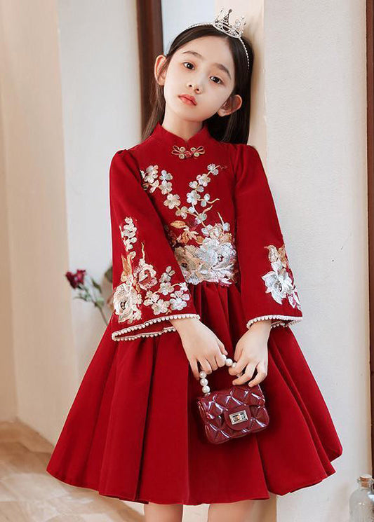 Handmade Dress Collar Spring Red Girls Long Wrinkled Stand