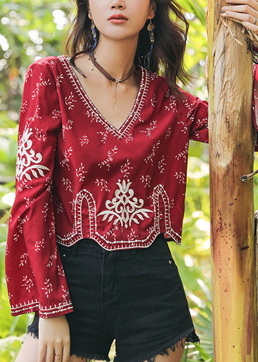 Flare V Cotton Red Neck Top Sleeve Embroidered Handmade