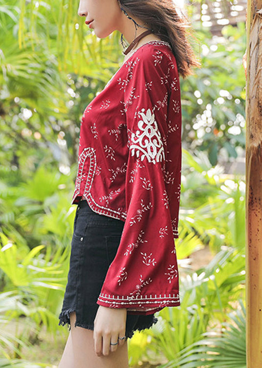 Flare V Cotton Red Neck Top Sleeve Embroidered Handmade