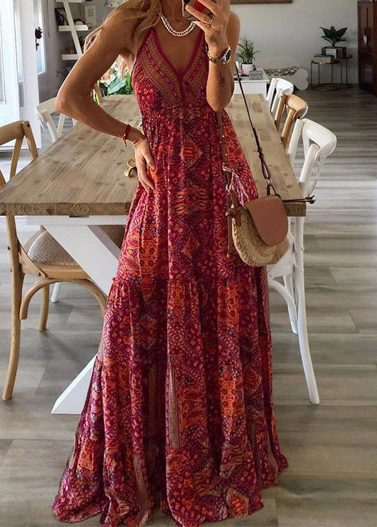 Print Dress Neck Red Summer Strap Cotton V Handmade Spaghetti