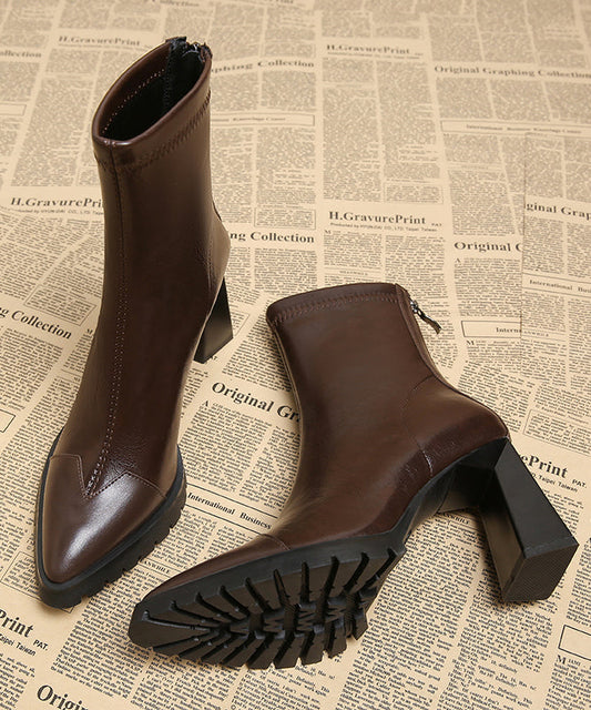 Heels Handmade Leather Brown Cowhide Splicing Chunky Boots