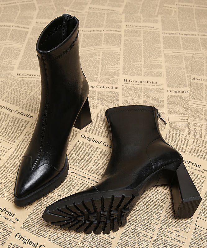 Heels Handmade Leather Brown Cowhide Splicing Chunky Boots