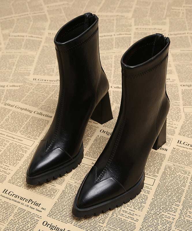 Heels Handmade Leather Brown Cowhide Splicing Chunky Boots