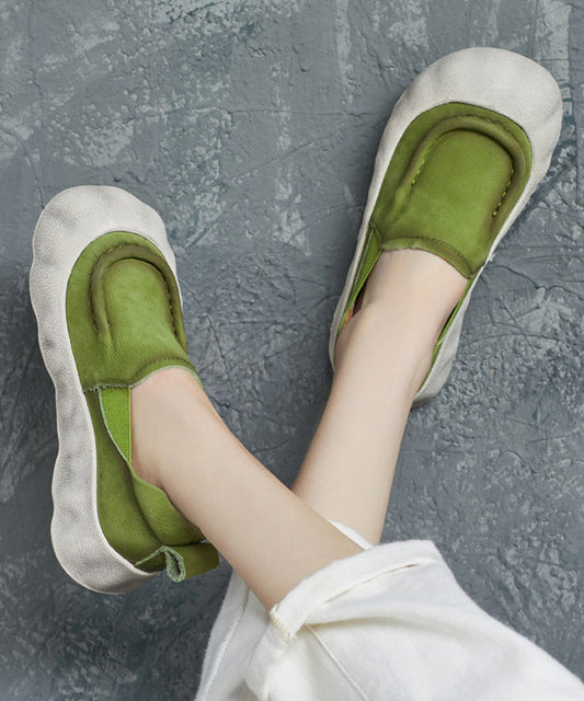 Platform Shoes Flat Green Leather Splicing Cowhide Feet Handmade