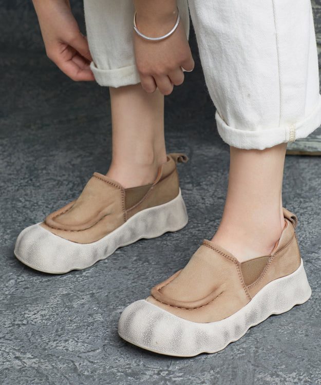 Splicing Platform Shoes Feet Handmade Flat Cowhide Leather Green